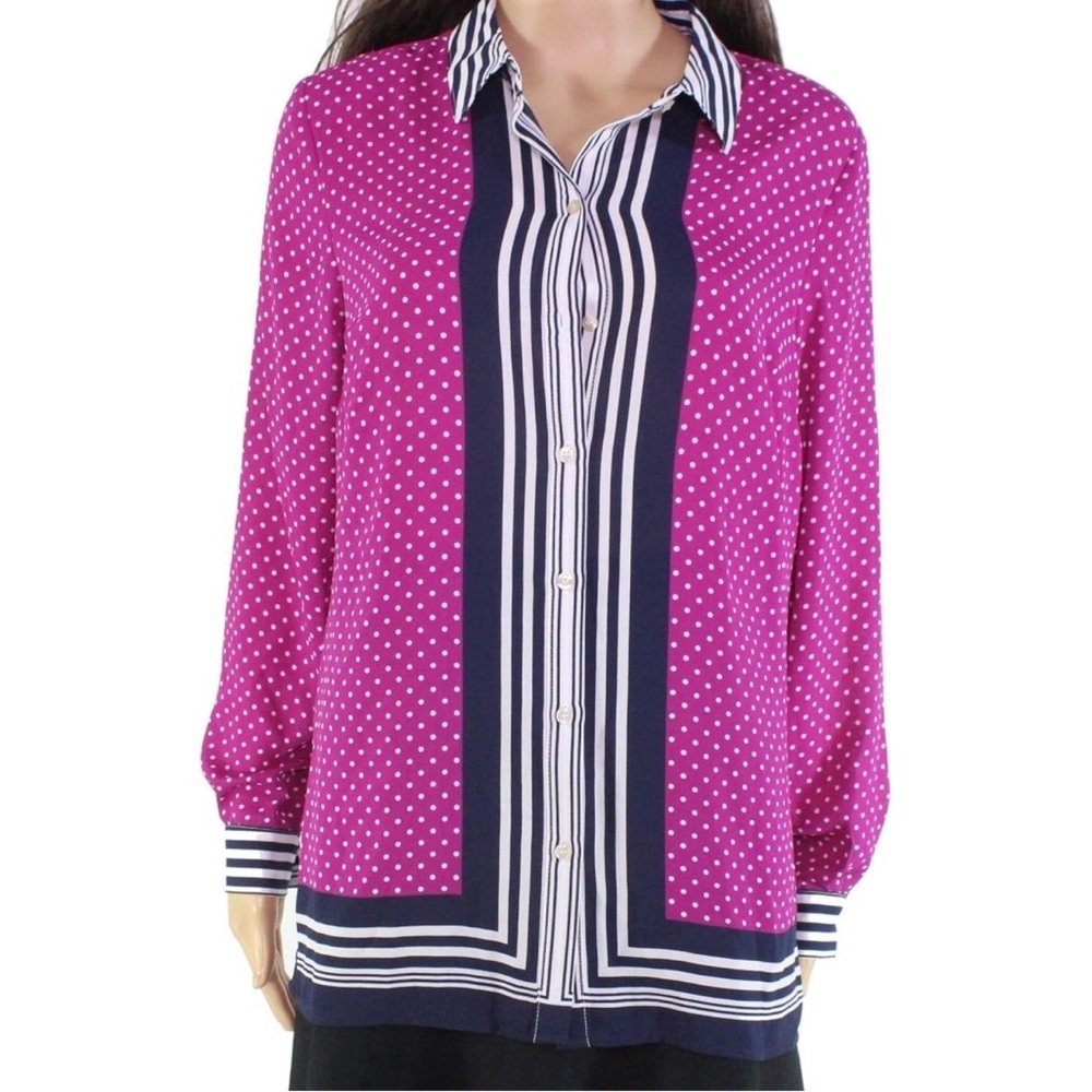Charter Club Womens Stripe Dot Print Button Down Blouse